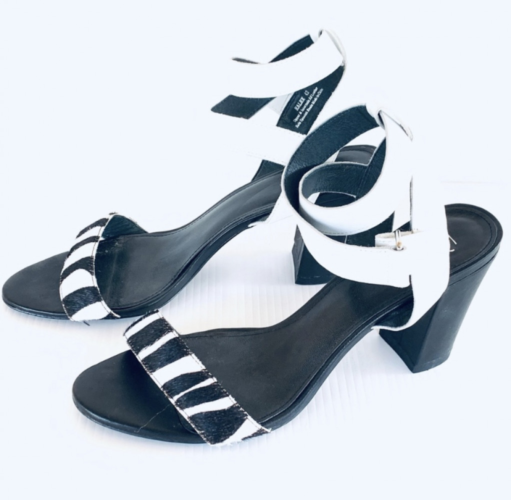 Wittner Ralex Leather Black & White Zebra Ankle Strap High Heel Sandals AU 10.5