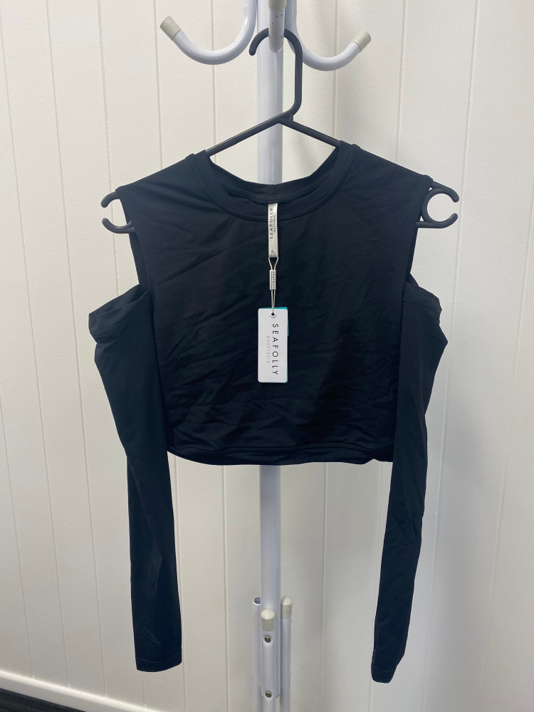 Black Crop Top High Neck with Shoulder Cut Outs 