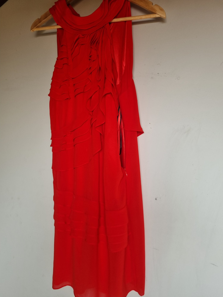 Red halter dress with frills