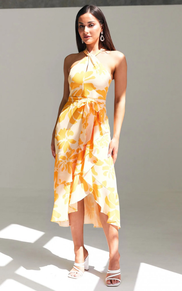  HALTER NECK WITH KEYHOLE HIGH LOW FRILL MIDI DRESS