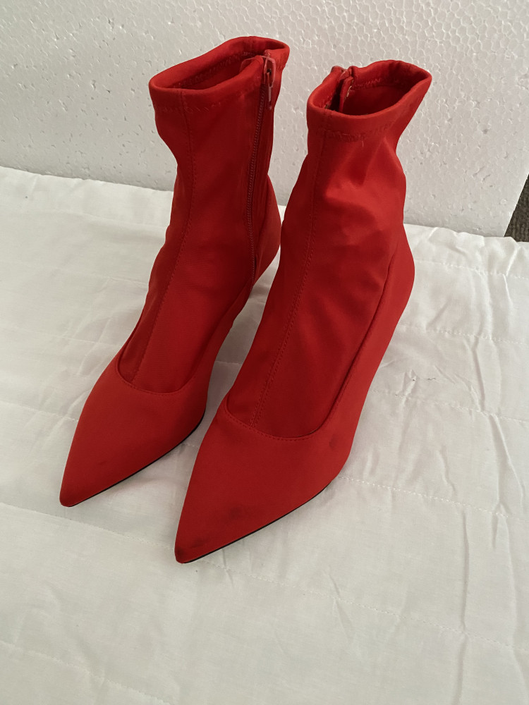 Red Stretchy Kitten Heel Ankle Boots