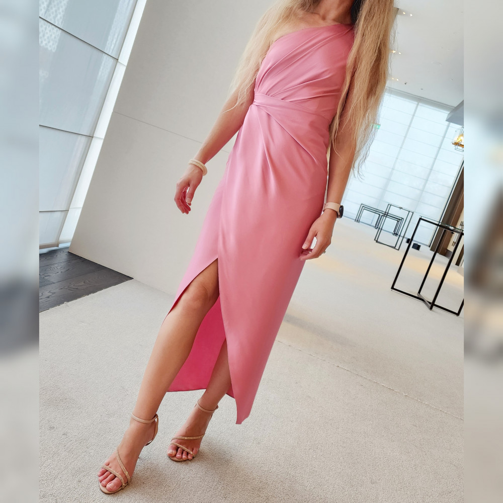 Forever New One-Shoulder Satin Midi Pastel Pink Dress Size 6 RRP 179.99  