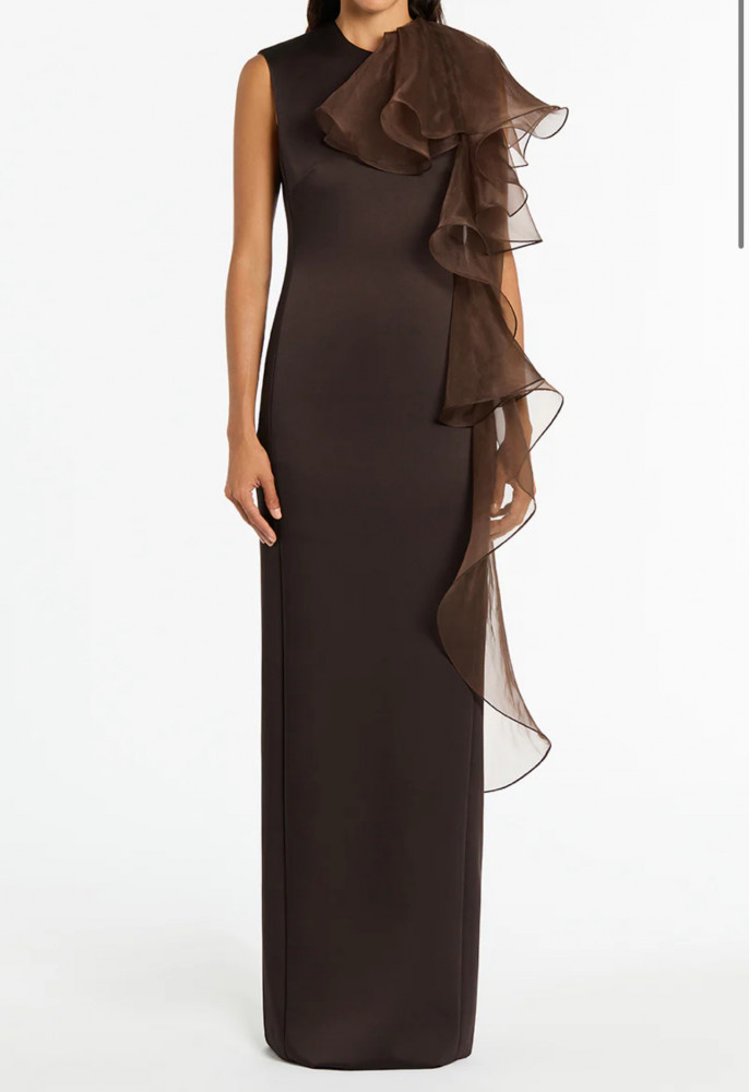 Plum Satin Crepe Ruffle Shoulder Dress