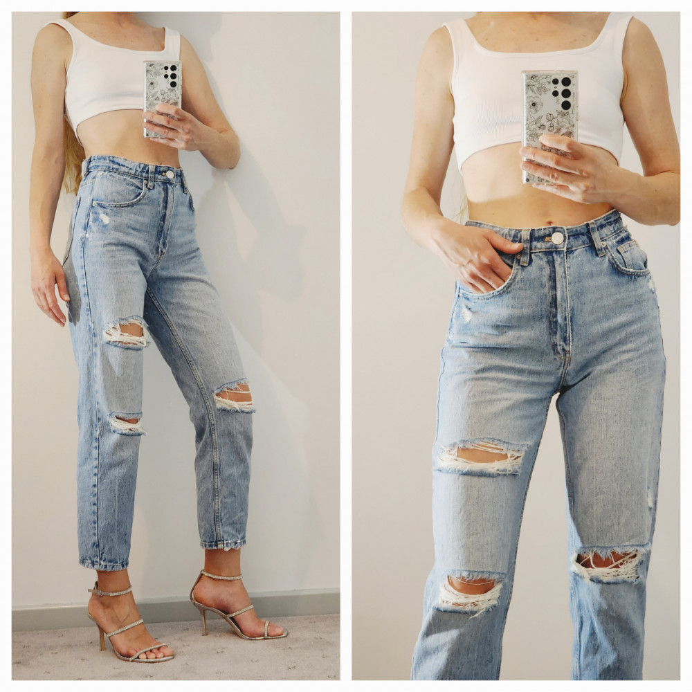 Zara Destroyed High-waisted Relaxed Light Blue Jeans Size 34 XS RRP 129.99  