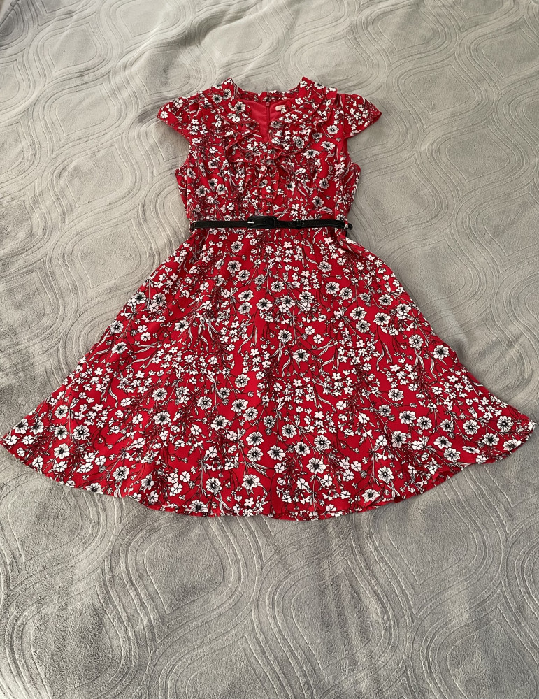 Red floral dress with belt