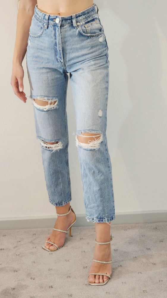 Zara Destroyed High-waisted Relaxed Light Blue Jeans Size 34 XS RRP 129.99  