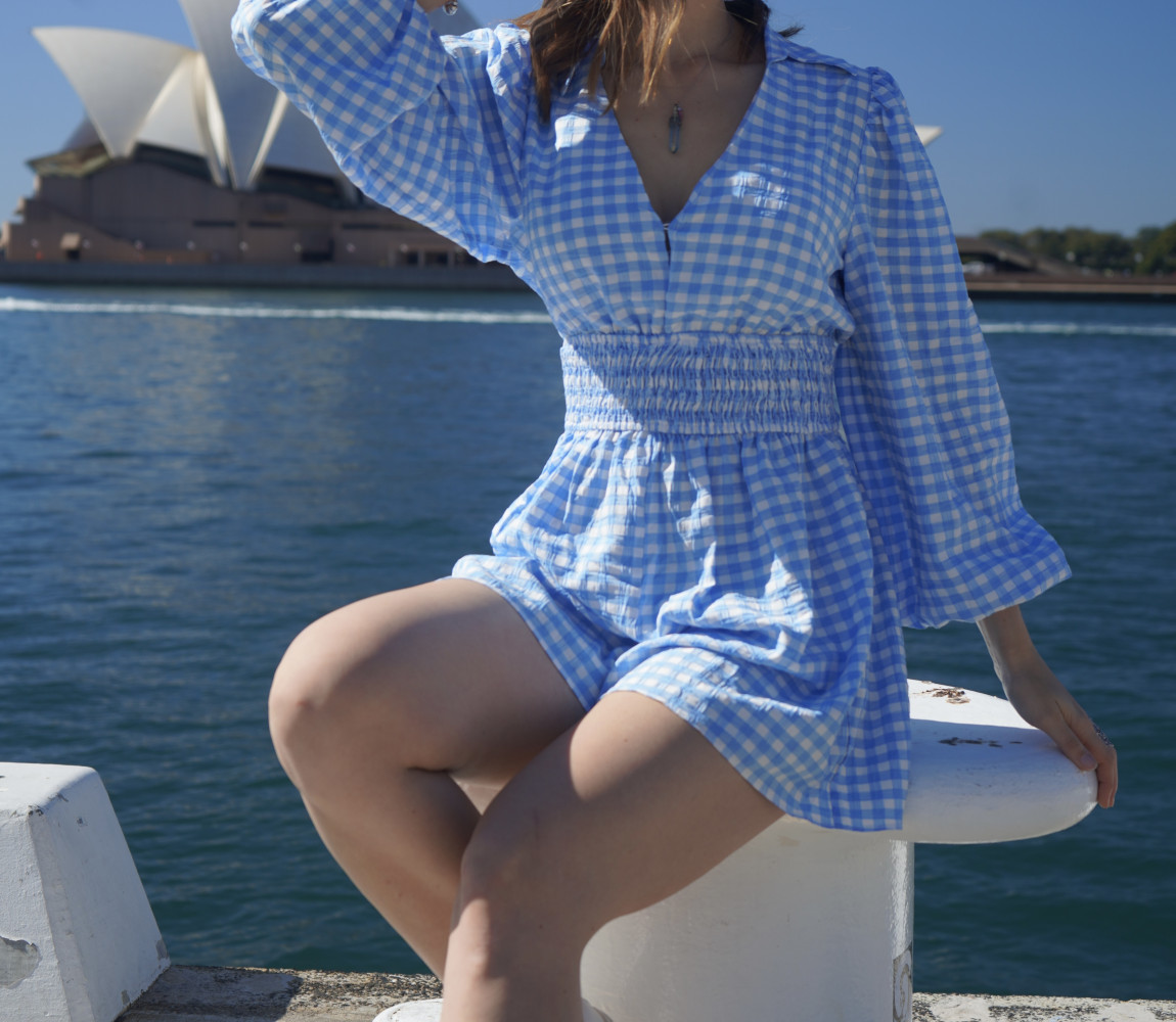 Blue and white checkered playsuit